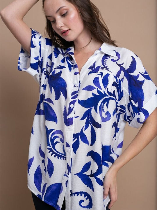 Damen Denim Halbknopfhemden Blau Blumen