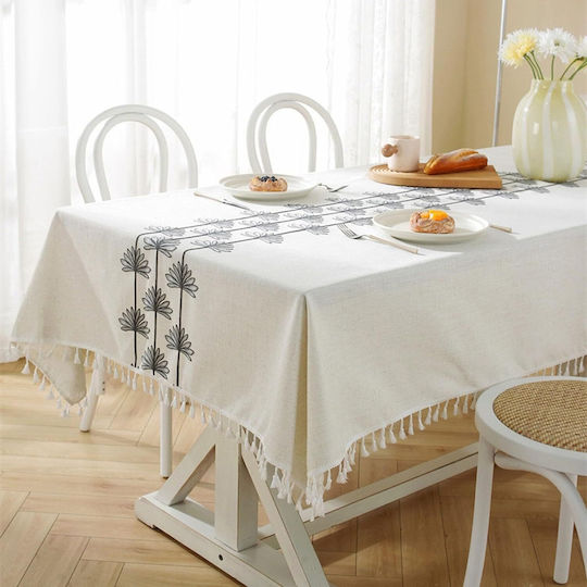 FRIPIA Leinen Tischtuch mit Stickerei Grau 140x250cm