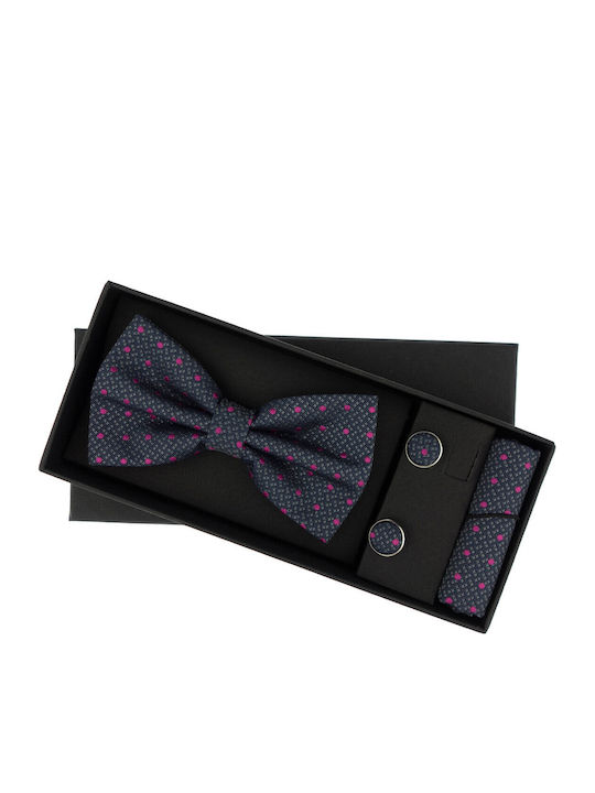 Set 3 Pieces Bow Tie Cufflinks Pocket Square Men Blue Pink Polka Dots Setp210