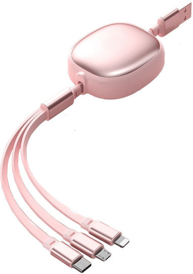 Универсален Подвижен Телефонен Кабел Flippy Universal 3в1 За Всеки Тип Телефон Micro-usb Lightning Type-c 1.2м Розов