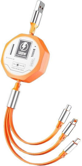 3in1 Ausziehbares Kabel Telefon Flippy 100w Schnelles Laden Kabel Mecha Stil Geeignet Für Auto Universell 1,2m Orange