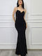 Maxi Evening Wrap Dress with Lace and Mesh Black