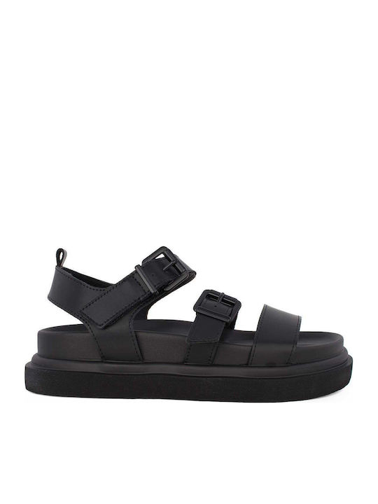 Seven Leder Flache Damen Sandalen Schwarz