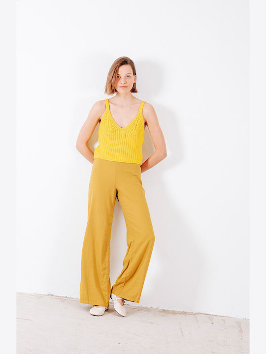 Damen Leinenhose in Gerader Bein Stil Gelb