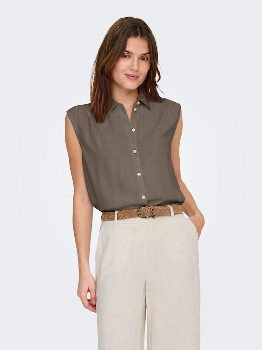 Only Sleeveless Women's Linen Shirt Brown