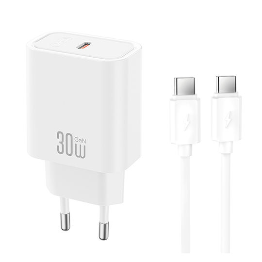 XO Зарядно Устройство GaN с USB-C Порт и Кабел USB-C - USB-C 30W Quick Charge 2.0 / Quick Charge 3.0 / Quick Charge 4.0 Бял (CE41)