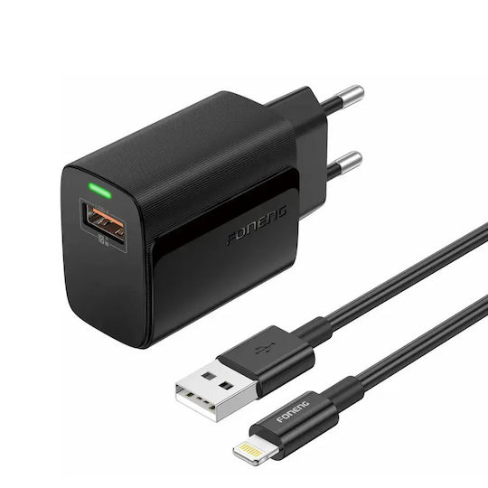 Foneng Φορτιστής με Θύρα USB-A και Καλώδιο Lightning 18W Quick Charge 3.0 Μαύρος (EU64)
