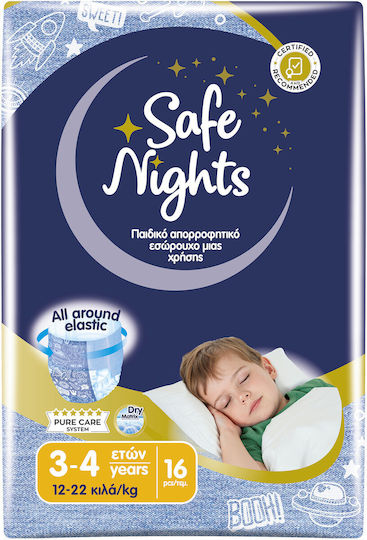 Детски Нощни Абсорбиращи Гащички за Момчета на 3–4 Години (12–22 kg) Safe Nights – 16 бр. / Нощни Памперси с Екстра Абсорбираща Способност