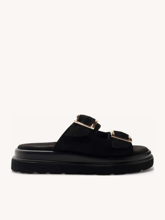 Sandale Flatforme De Piele Negru Cu Două Curele