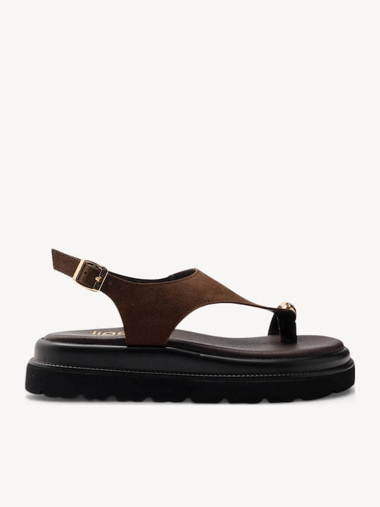 Braune Leder Flatforms mit Gold Detail am Zeh