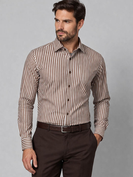 Long Sleeve Shirt in Regular Fit Striped Brown