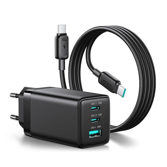 Joyroom Φορτιστής GaN με Θύρα USB-A και 2 Θύρες USB-C και Καλώδιο USB-C - USB-C 65W Μαύρος (JR-TG10)