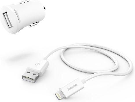 HAMA Încărcător Auto Cu Mufă De Brichetă 12W 2.4A Încărcare Rapidă Cu O Singură Portă 1xUSB-A Cu Cablu Lightning Culoare Albă