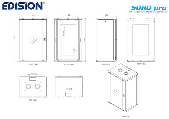 Edision Wall Mounted Rack Cabinet 19U Black 60-02-0105