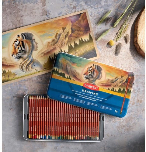 Set 36 Creioane Colorate Profesionale Derwent Drawing 2306557 Cutie Metalică Mină 5 Mm Textură Cremoasă Culori Intense Desen Artistic