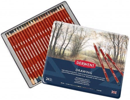Set 24 Derwent Creioane Colorate Profesionale Cutie Metalică Culori Intense Mine Moi Desen Artistic Umbrire