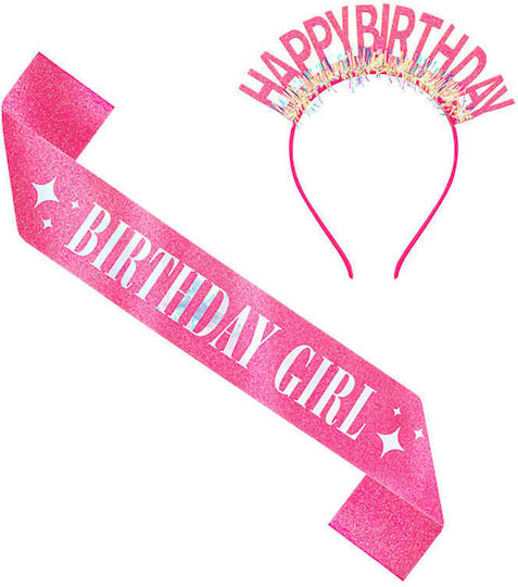 Set Ribbon "Birthday Girl" & Headband "Happy Birthday" Fuchsia