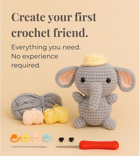 Obro Plush Elephant Crochet Diy Kit Complete Set Threads Tools Video Tutorial Beginners