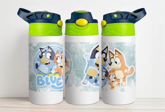 Kids Water Bottle Thermos Bluey Stainless Steel with Straw White 360ml Personalized