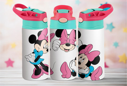 Kids Water Bottle Thermos Minnie Stainless Steel with Straw White 360ml Personalized