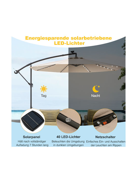 Umbrelă Profesională de Pardoseală Rotundă Metalică Bej cu Bază de Susținere și Iluminare LED Φ3m NP11556BE
