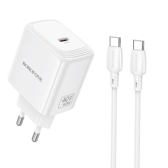 Borofone GaN Charger with USB-C Port and USB-C - USB-C Cable 40W Power Delivery Quick Charge 3.0 White (BN33 Fuente)