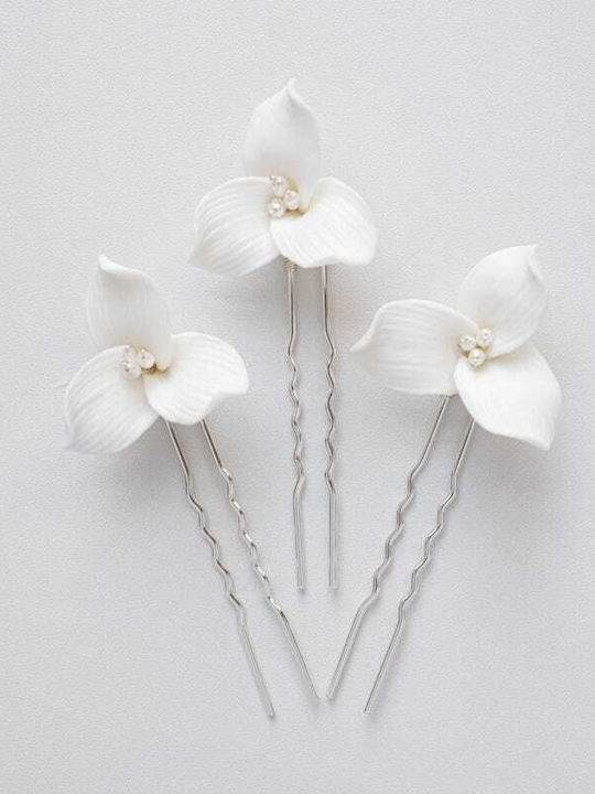 “valeria” A Gorgeous Set 5 Floral Hair Pins Made Dainty Off-white Ceramic Flowers Ivory Pearls Set On Silver Pins
