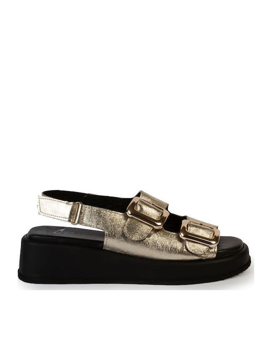 Leather Women's Flat Sandals Flatforms Gold