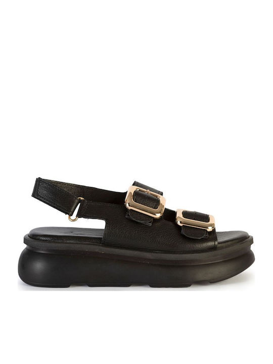 Δερμάτινα Γυναικεία Σανδάλια Flatforms Μαύρα