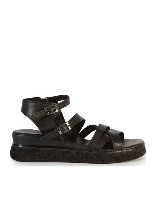 Δερμάτινα Γυναικεία Σανδάλια Flatforms Μαύρα