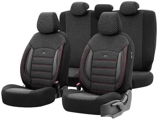 Deluxeboss 292382 Autositzbezüge Set Renault Clio Twingo Modus Megane Scenic Fluence Arkana Koleos Captur Kadjar Trafic Kangoo Zoe Baumwollmaterial Lederimitat Set Vorne Hinten 11 Stück Schwarz Rot Stickerei