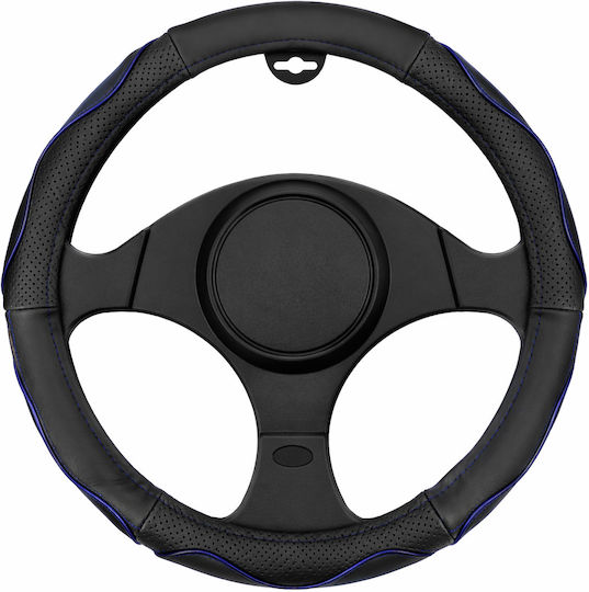 Κάλυμμα Τιμονιού Αυτοκινήτου 37-39cm Universal Pvc & Καουτσούκ Αντιολισθητικό Μαύρο Μπλε Ραφή Διάτρητο