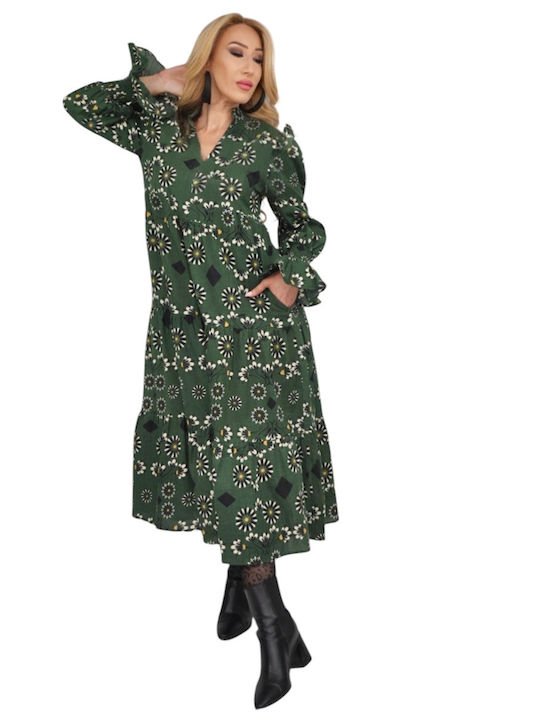 Midi Dress with Ruffles Green