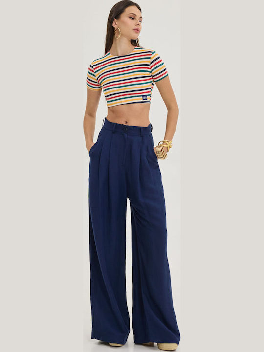 Women's High Rise Fabric Trousers Dark Blue