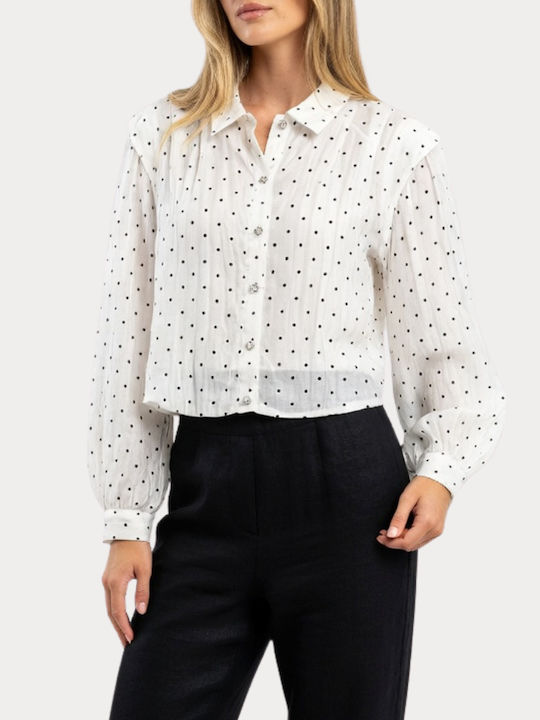 Langärmeliges Damen-Denim-Hemd Weiß Polka Dot