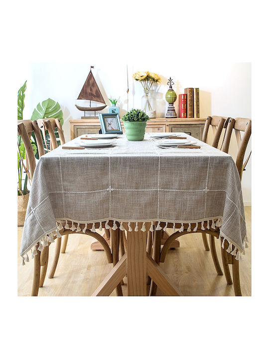 FRIPIA Leinen Tischdecke mit Stickerei Beigefarben 140x250cm