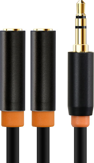 Cabletime Καλώδιο Ήχου 3.5mm male - 2x 3.5mm female Μαύρο 0.2m με Επίχρυσους Ακροδέκτες CT-AV309-P12G
