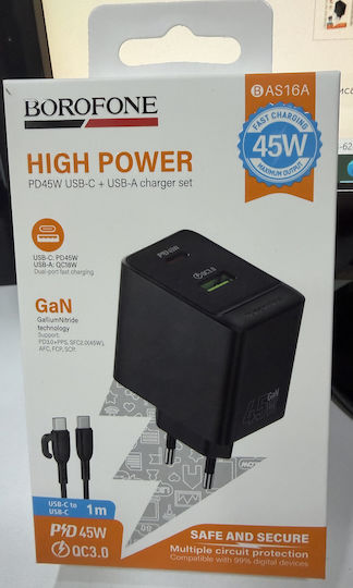 Borofone Mobile Phone Charger with USB-A Output Port and USB-C Output Port and USB-C - USB-C Cable 45W Black (BAS16A)