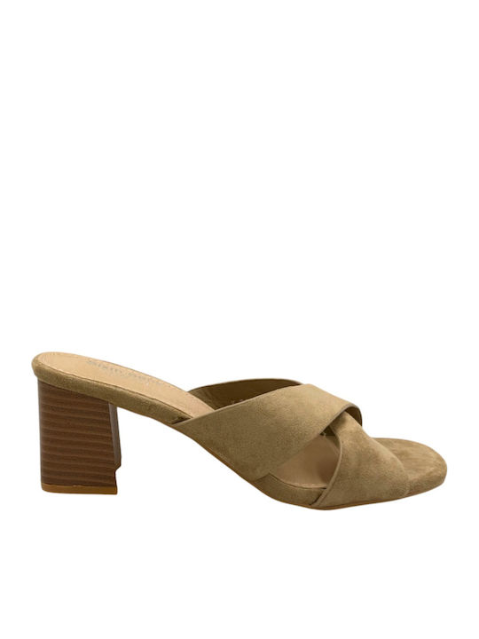 Suede Mules with Heel in Khaki Colour