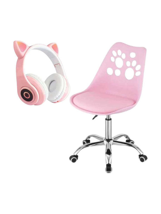 Mercaton Scaun Office 5 Roți din Cauciuc Pernă din Piele Ecologică Șezut Pp Cadru din Aluminiu 50 X 60 X 89 Cm Roz Căști Wireless Led cu Slot pentru Card Model cu Urechi de Pisică Roz
