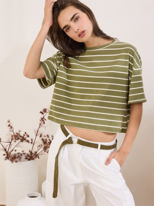 Women's Crop Top Cotton Short Sleeve Striped Olive