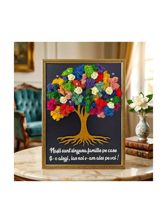 Pictură Decorativă Copacul Vieții Multicolor Licheni Naturali Mesaj Nași 30x40 Cm