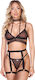 Set Bralette Transparent Adjustable Lace Panty Garters Black