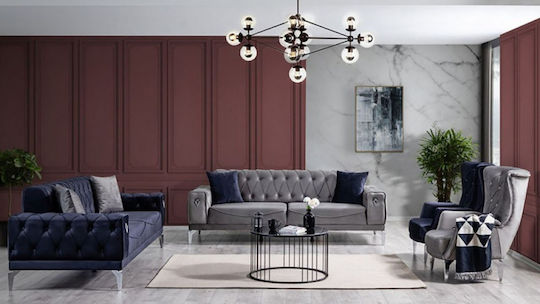 Stewehome Living Room Furniture Set Eda 3+3+1 Quilted Sofas Dark Blue Grey 220x90x80 Cm