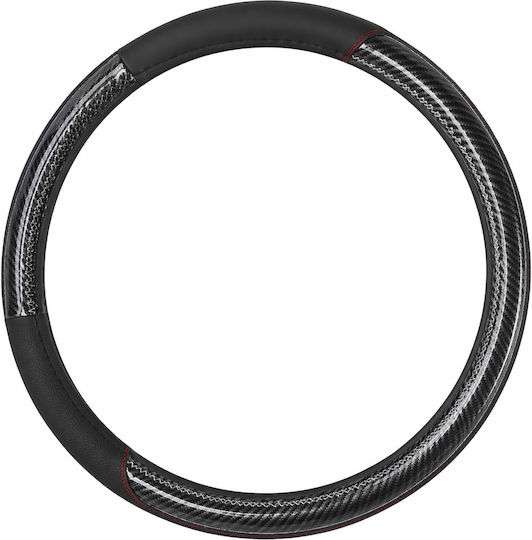 Κάλυμμα Τιμονιού Αυτοκινήτου 37-39cm Pvc & Καουτσούκ Αντιολισθητικό Μαύρο Carbon Design Κόκκινη Ραφή Universal