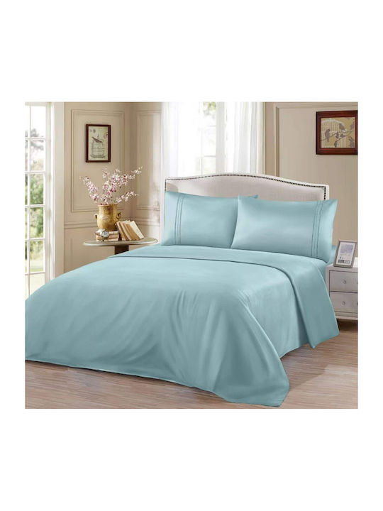 Lucktora Bed Sheet Set With 2 Pillowcases King Size With Rubber Hugger 220x240cm Petrol Blue (4 Pieces)