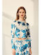 Women's Crop Velvet Long Sleeve Floral White-Petrol Top