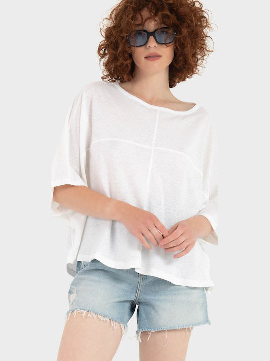 Women's Summer Linen Short Sleeve Top White