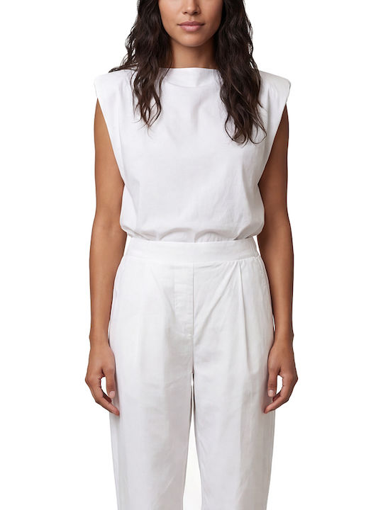 MY T Damen Bluse Baumwollärmellos mit Reißverschluss Weiß MY T Damen Bluse Baumwollärmellos mit Reißverschluss Weiß