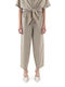 Damen Hochbund Stoff Capri Hosen mit Gummiband Beige S26B3208-Light-Khaki